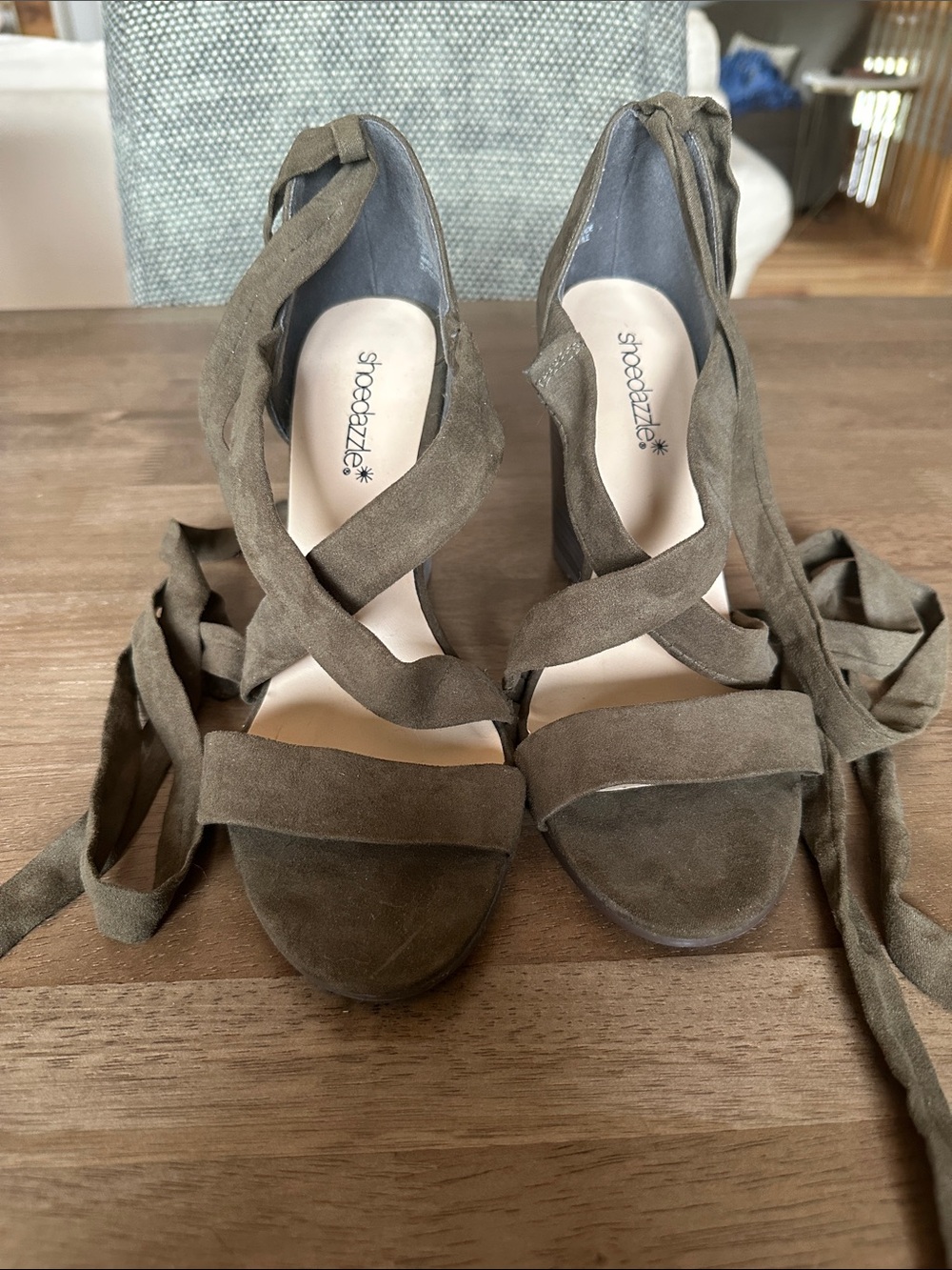 Shoe Dazzle Olive Suede Wrap Heels